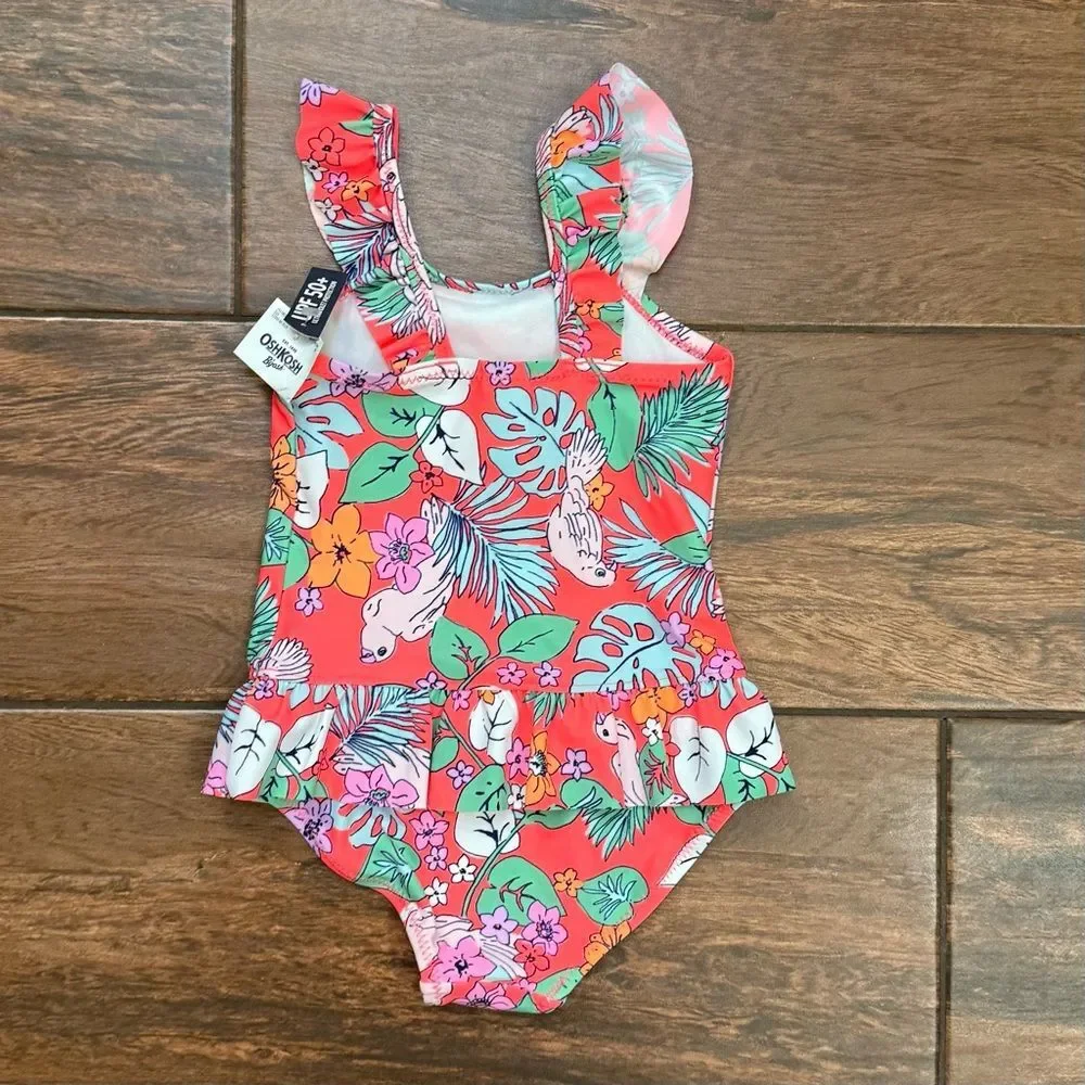 OshKosh Hawaiian Baby Girl 24M Swimsuit Ruffle Floral Beach Toddler UPF 50 NWT